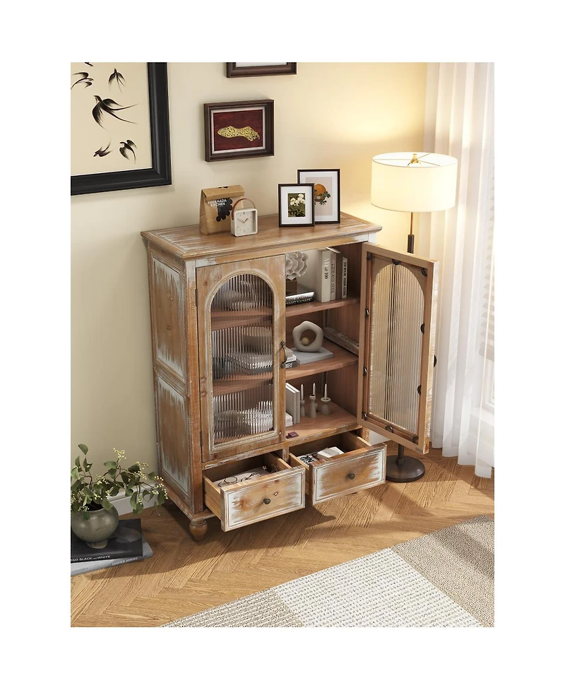 Streamdale Furniture Farmhouse Distressed Wood Kitchen Pantry Cabinet with Glass Doors and Drawers