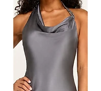 Seni & Cade Juniors' Halter Neck Satin Long Dress