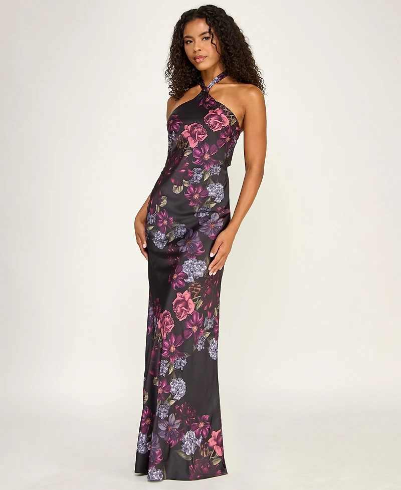 Seni & Cade Juniors' Printed Halter Neck Gown