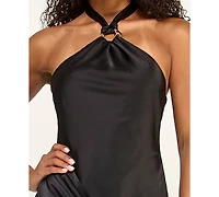 Seni & Cade Juniors' Asymmetrical Drape Waist Halter Neck Gown