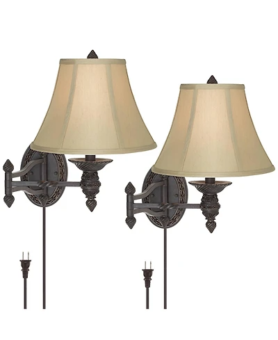 Barnes and Ivy Vintage Rustic Swing Arm Wall Lamps Set of 2 Plug-In Light Fixture Beige Bell Shade for Bedroom Bedside Living Room