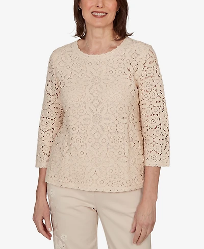 Alfred Dunner Women's Camden Market Floral Crochet Lined Knit Top