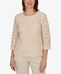 Alfred Dunner Women's Camden Market Floral Crochet Lined Knit Top