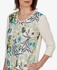 Alfred Dunner Women's Indigo Girls Sequined Floral Mesh Overlay Knit Top