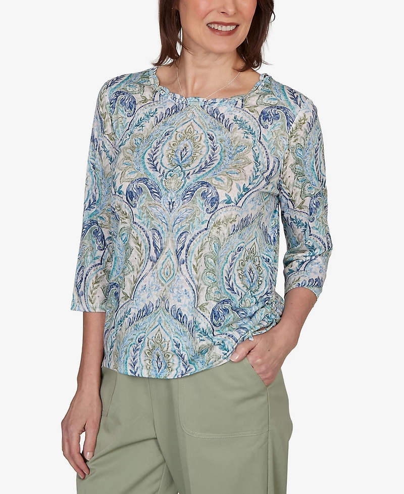 Alfred Dunner Women's Indigo Girls Medallion Print Braided Neck Top