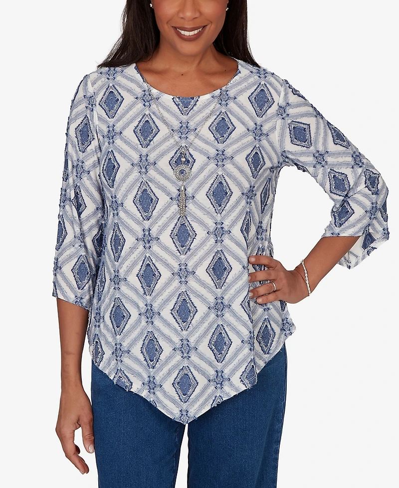 Alfred Dunner Women's Indigo Girls Diamond Textured Top with Necklace