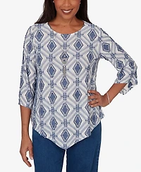 Alfred Dunner Women's Indigo Girls Diamond Textured Top with Necklace