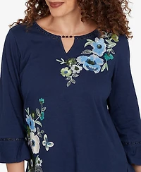 Alfred Dunner Women's Indigo Girls Asymmetric Sequin Flowers Knit Top