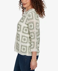 Alfred Dunner Women's Indigo Girls Crochet Squares Top