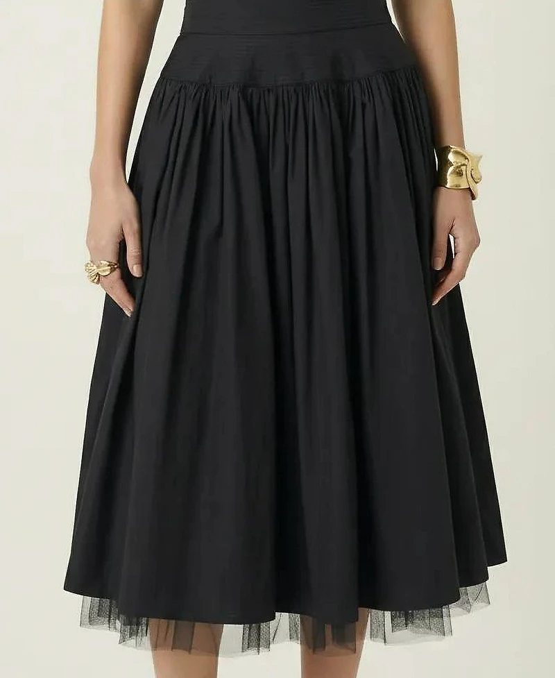 Modenaire Women's High Waist Gathered Tulle Hem Midi Skirt