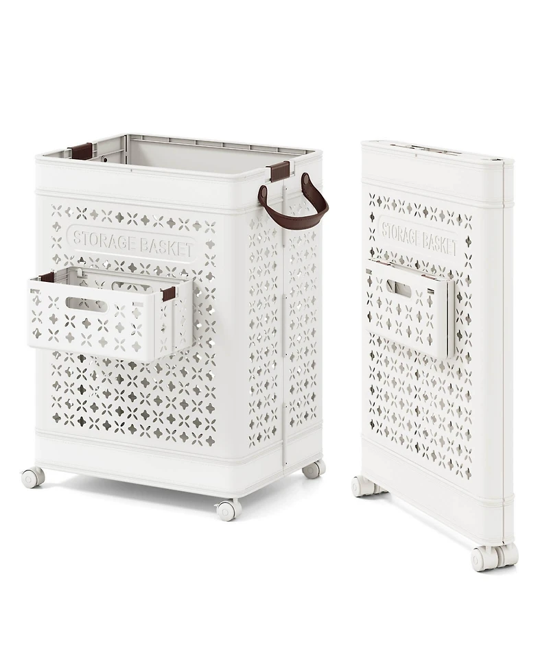 Costway Collapsible Laundry Basket Movable Laundry Cart with Side Basket, Lockable Wheels