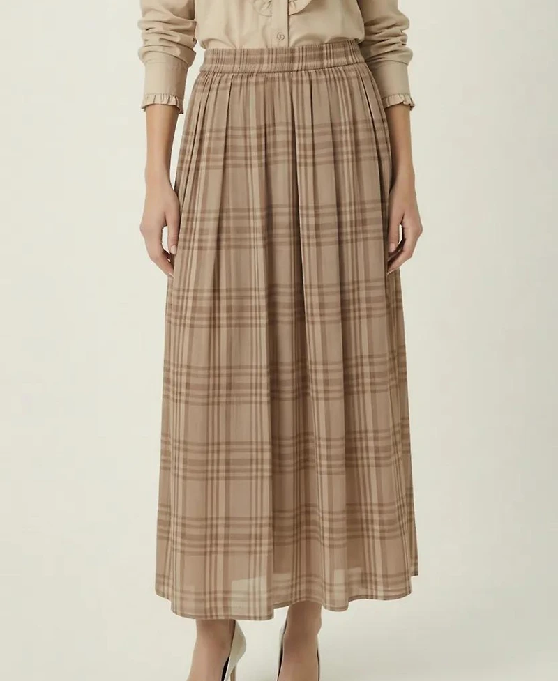 Modenaire Women's Plaid Pleated Maxi Skirt With Side Pockets