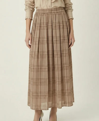 Modenaire Women's Plaid Pleated Maxi Skirt With Side Pockets