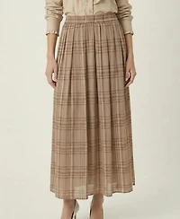 Modenaire Women's Plaid Pleated Maxi Skirt With Side Pockets