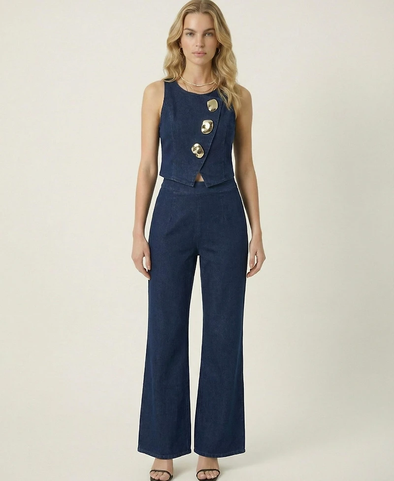 Modenaire Women's Denim Vest Top And Wide-Leg Pant Set