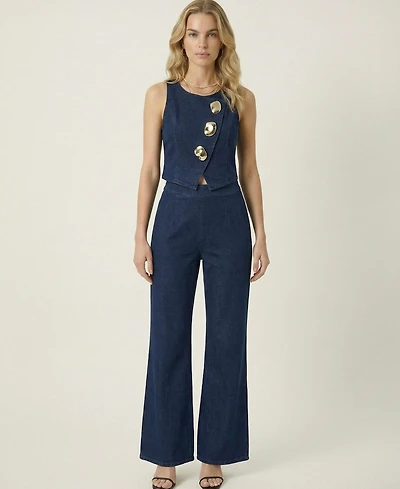 Modenaire Women's Denim Vest Top And Wide-Leg Pant Set