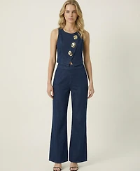 Modenaire Women's Denim Vest Top And Wide-Leg Pant Set