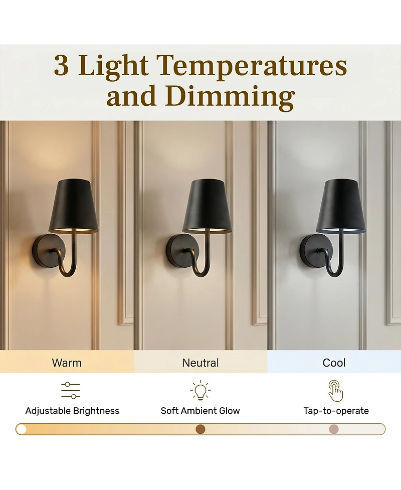 Bell + Howell Set of 2 Modern Metal Shade Dimmable Led Rechargeable Cordless Touch Control Lights Wall Sconces