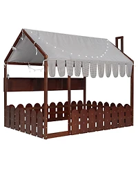 Streamdale Furniture Full Size Montessori House Bed with Fence, Storage and Lights