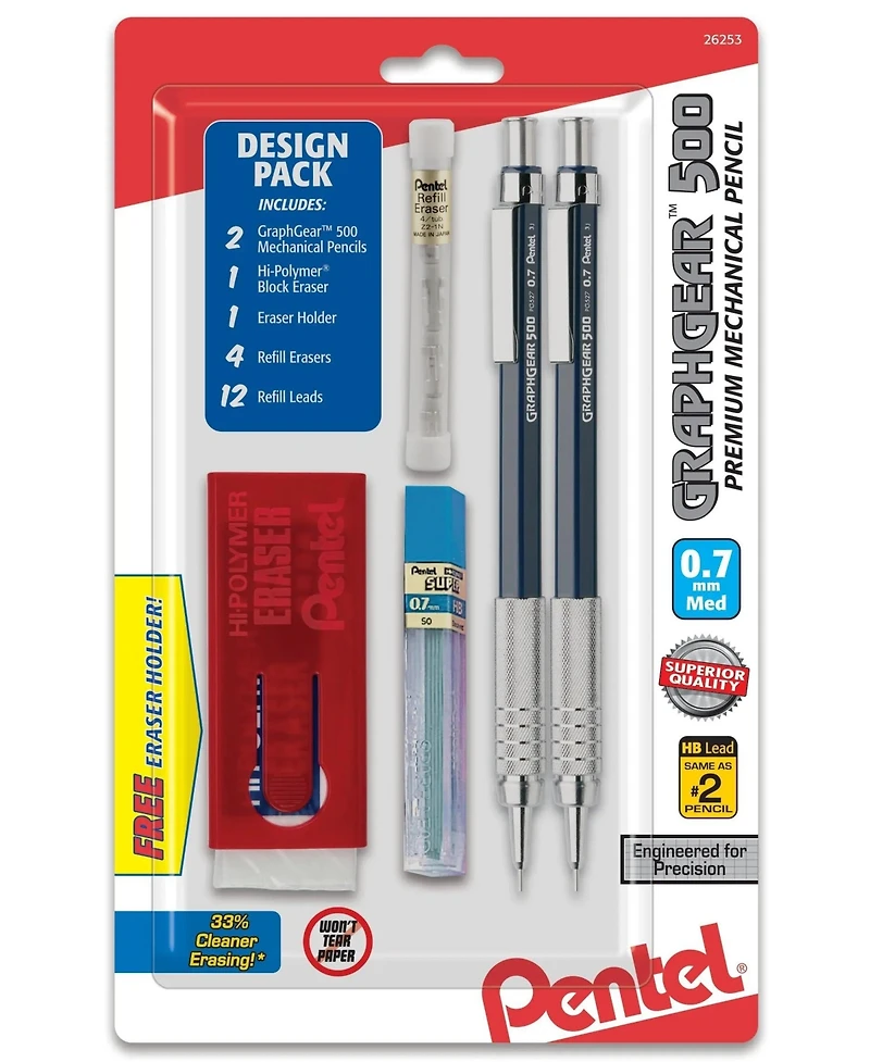 Pentel GraphGear 500 Automatic Drafting Pencil (0.7mm), Refill Eraser Tube and Large Block Eraser with holder