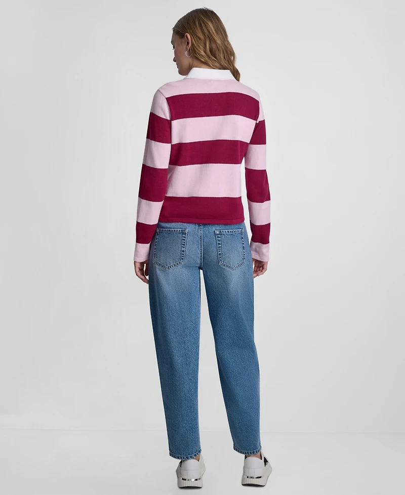 Dkny Jeans Women's Long-Sleeve Logo Charm Multi-Stripe Cotton Polo Sweater