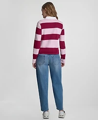 Dkny Jeans Women's Long-Sleeve Logo Charm Multi-Stripe Cotton Polo Sweater