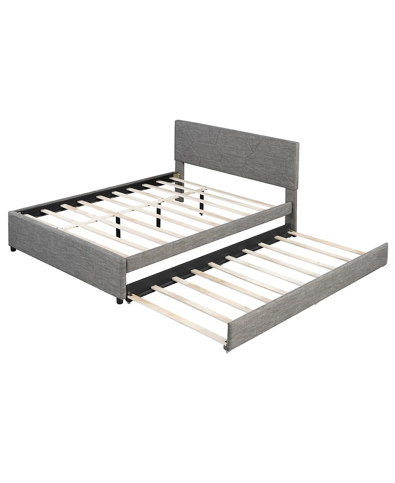 Streamdale Furniture Queen Upholstered Platform Bed with Brick Pattern Headboard and Twin Xl Trundle