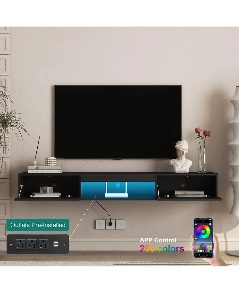 Streamdale Furniture 69" Modern Floating Tv Stand with 16-Color Led Lights for 65" TVs