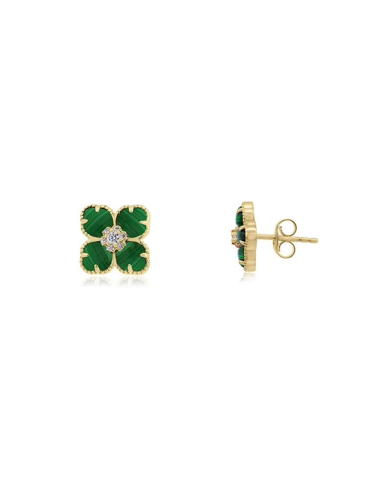 The Lovery Malachite Cz Flower Stud Earrings 14K Gold-Plated Sterling Silver