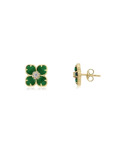 The Lovery Malachite Cz Flower Stud Earrings 14K Gold-Plated Sterling Silver