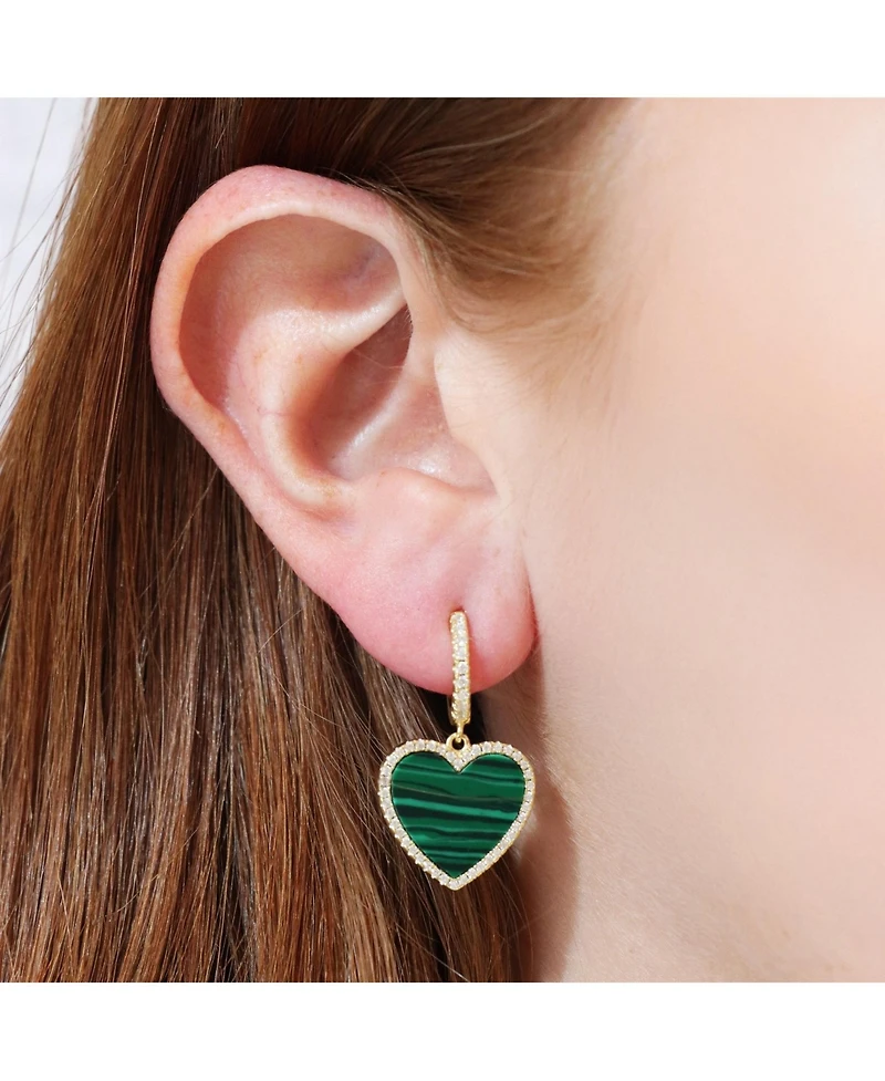 The Lovery Large Malachite Cz Halo Heart Dangle Earrings 14K Gold-Plated Sterling Silver