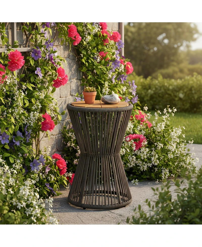 Streamdale Furniture Rope and Acacia Wood Hourglass Outdoor Side Table, 25.8"H