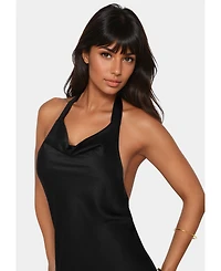 Bebe Women's Satin Halter Front Cowl Neck Midi Dress