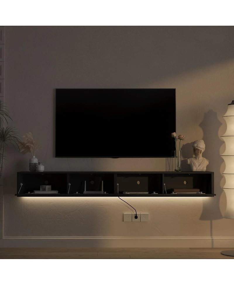 Streamdale Furniture Floating Wall-Mounted Tv Stand with Led Lights and Power Outlet