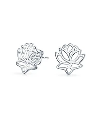 Bling Jewelry Open Lily Flower Zen Lotus Pendant Necklace and Stud Earrings Jewelry Set