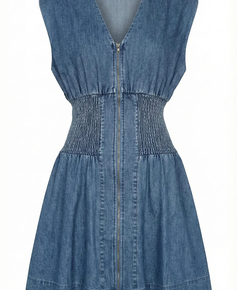 Modenaire Women's Denim Cap-Sleeve Smocked-Waist Mini Dress