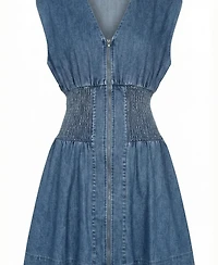 Modenaire Women's Denim Cap-Sleeve Smocked-Waist Mini Dress