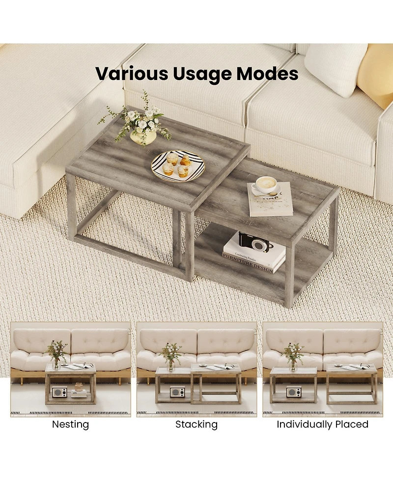 Gymax Nesting Coffee Table Set of 2 Stackable Rectangular End Tables With Storage Shelf