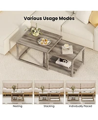Gymax Nesting Coffee Table Set of 2 Stackable Rectangular End Tables With Storage Shelf