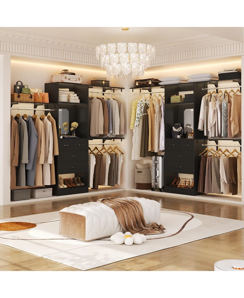 Aheaplus Freestanding Closet System with Hanging Rods and Mirror, Storage Cabinet Drawer Shelves