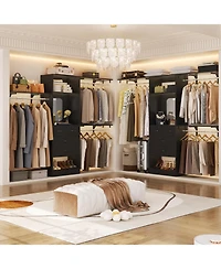 Aheaplus Freestanding Closet System with Hanging Rods and Mirror, Storage Cabinet Drawer Shelves