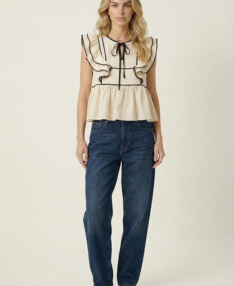 Modenaire Women's Ruffle-Sleeve Contrast-Trim Peplum Top