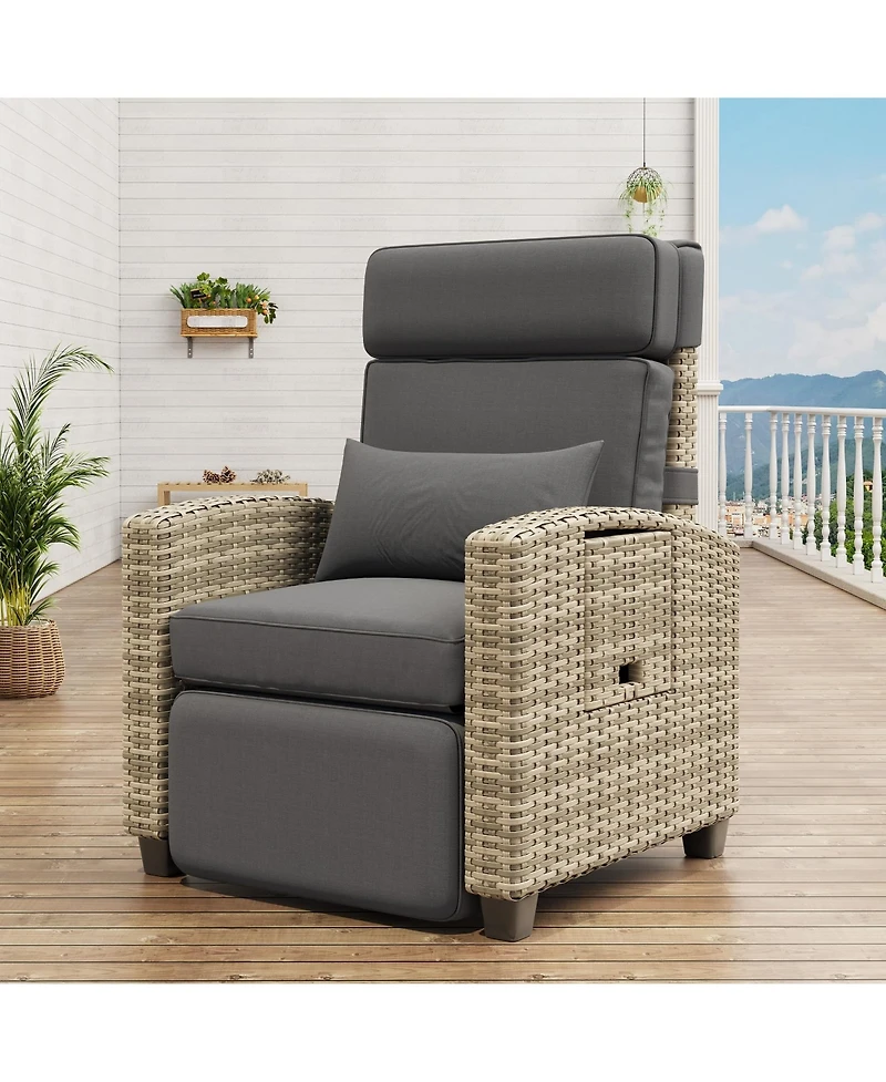 homfan Adjustable 150degree(s) Reclining Rattan Patio Chair – Outdoor Wicker Lounge with Air Pump, Cushion, Turn over-Up Side Table, Footrest