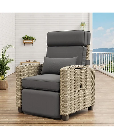 homfan Adjustable 150degree(s) Reclining Rattan Patio Chair – Outdoor Wicker Lounge with Air Pump, Cushion, Turn over-Up Side Table, Footrest