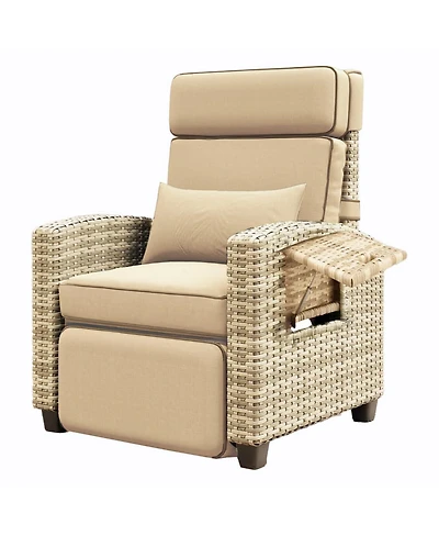 homfan Adjustable 150degree(s) Reclining Rattan Patio Chair – Outdoor Wicker Lounge with Air Pump, Cushion, Turn over-Up Side Table, Footrest