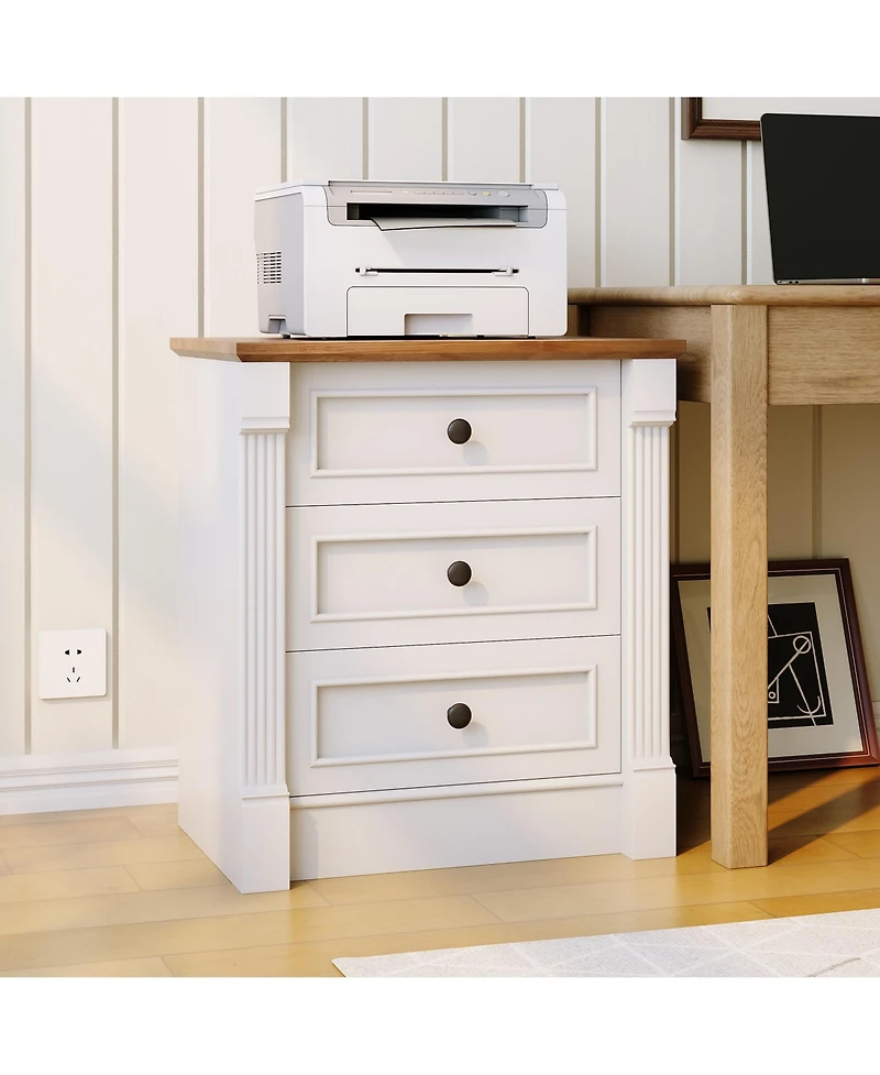 gaomon 23.6" Farmhouse Nightstand with Charging Station, 3 Drawers, Rustic Wood Bedside Table, Roman Column Design for Bedroom/Living