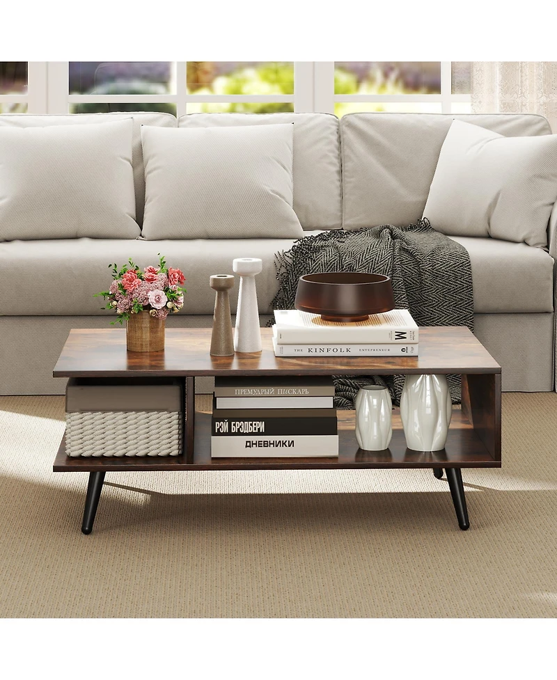 Gymax 2-Tier Coffee Table w/ Compartments and Metal Legs Rectangle Tea Cocktail