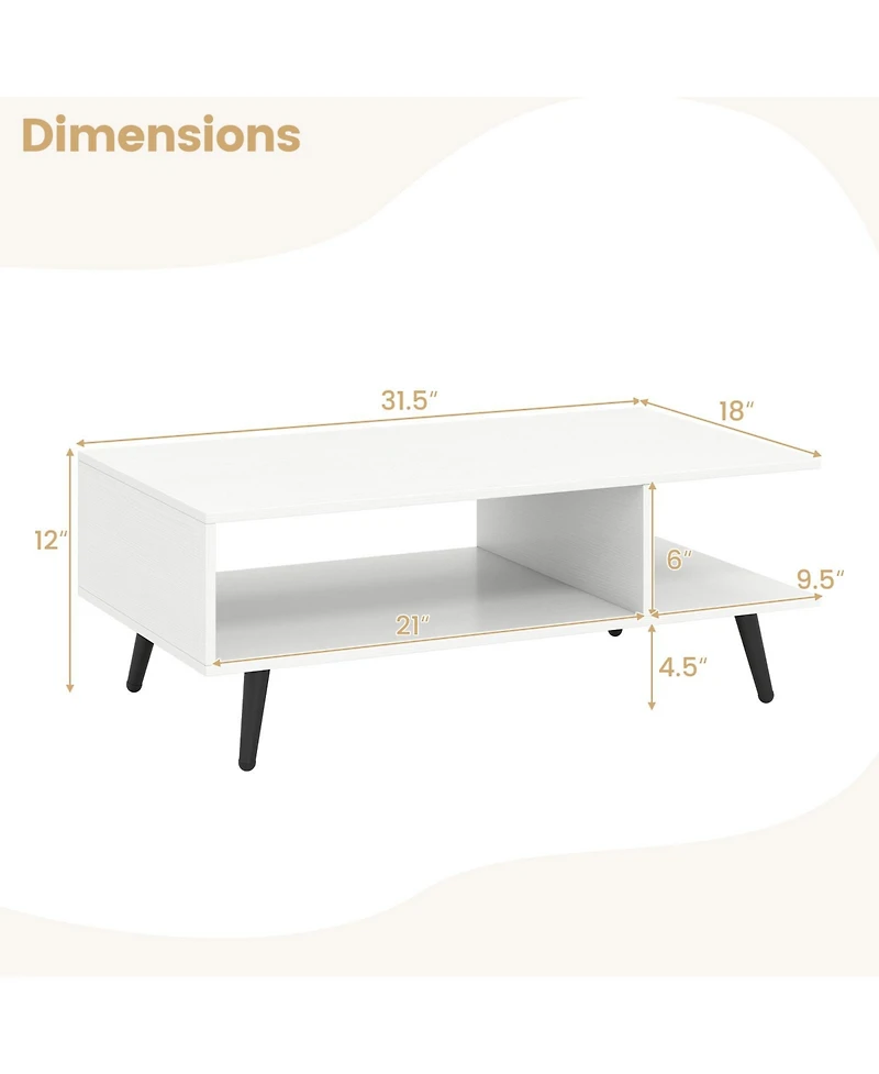 Gymax 2-Tier Coffee Table w/ Compartments and Metal Legs Rectangle Tea Cocktail Table