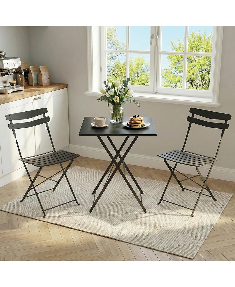 homfan 3-Piece Foldable Patio Bistro Set, Metal Square Table and 2 Folding Chairs for Outdoor Indoor Balcony Porch Deck Garden