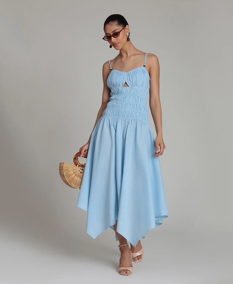 Avec Les Filles Women's Sweetheart Neck Shirred Handkerchief Hem Midi Dress